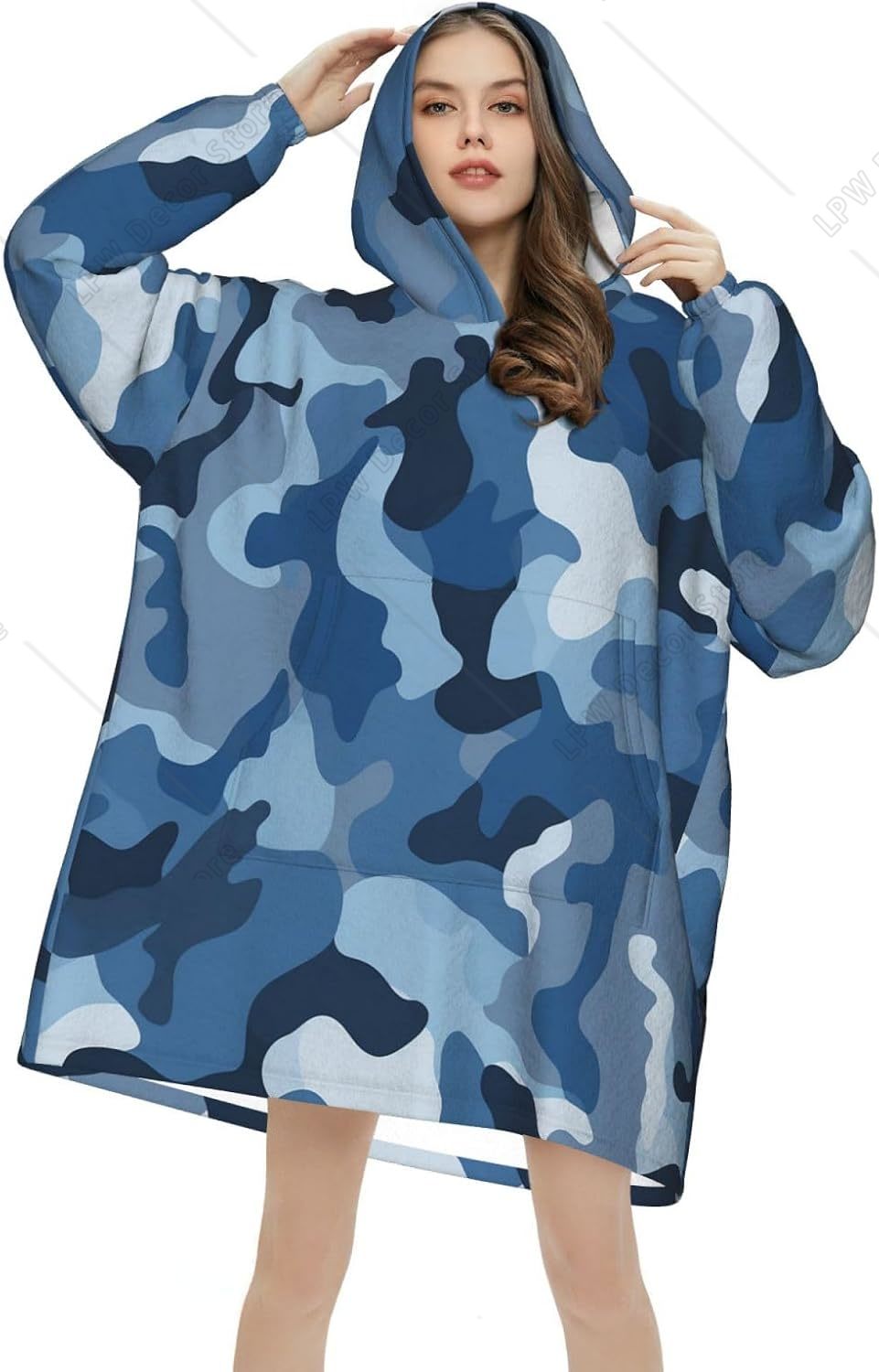 Sherpa Hoodie Fleece - Klassieke blauwe camouflage draagbare dekenhoodie camouflageprint